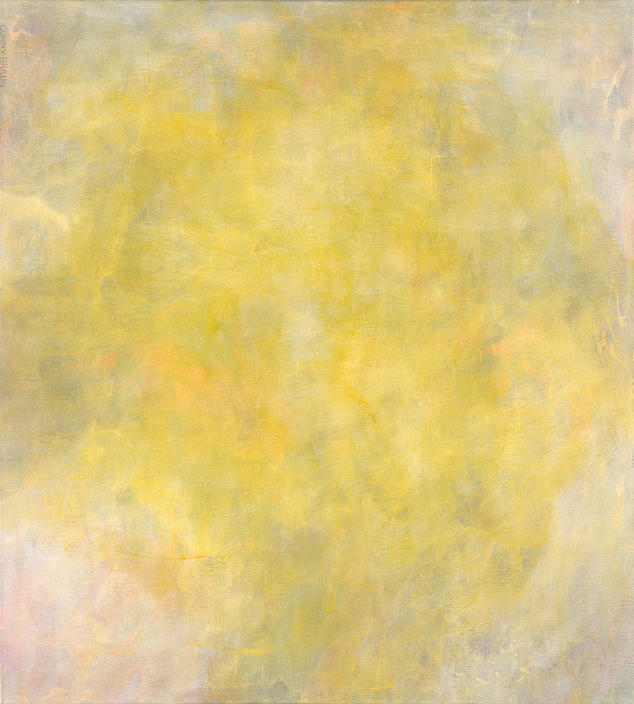 Quadratisches, abstraktes Acrylbild in Gelb- und Cremetönen von Conny Braun