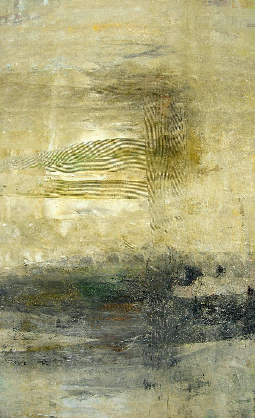 Hochformatiges, abstraktes Acrylbild in Beige-, Anthrazit- und Cremetönen von Conny Braun